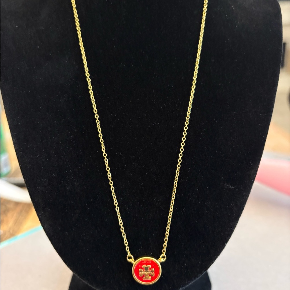 Tory Burch Gold Chain Necklace with Red Logo Disc